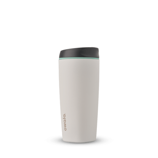 SmoothSip 20oz in Cloudscape, off-white cream tumbler body with charcoal gray flip-style lid and mint green accent ring